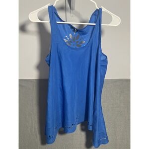 Women's Blue Sleeveless Tank Top Blouse with Laser Cut Floral Details & Hem L